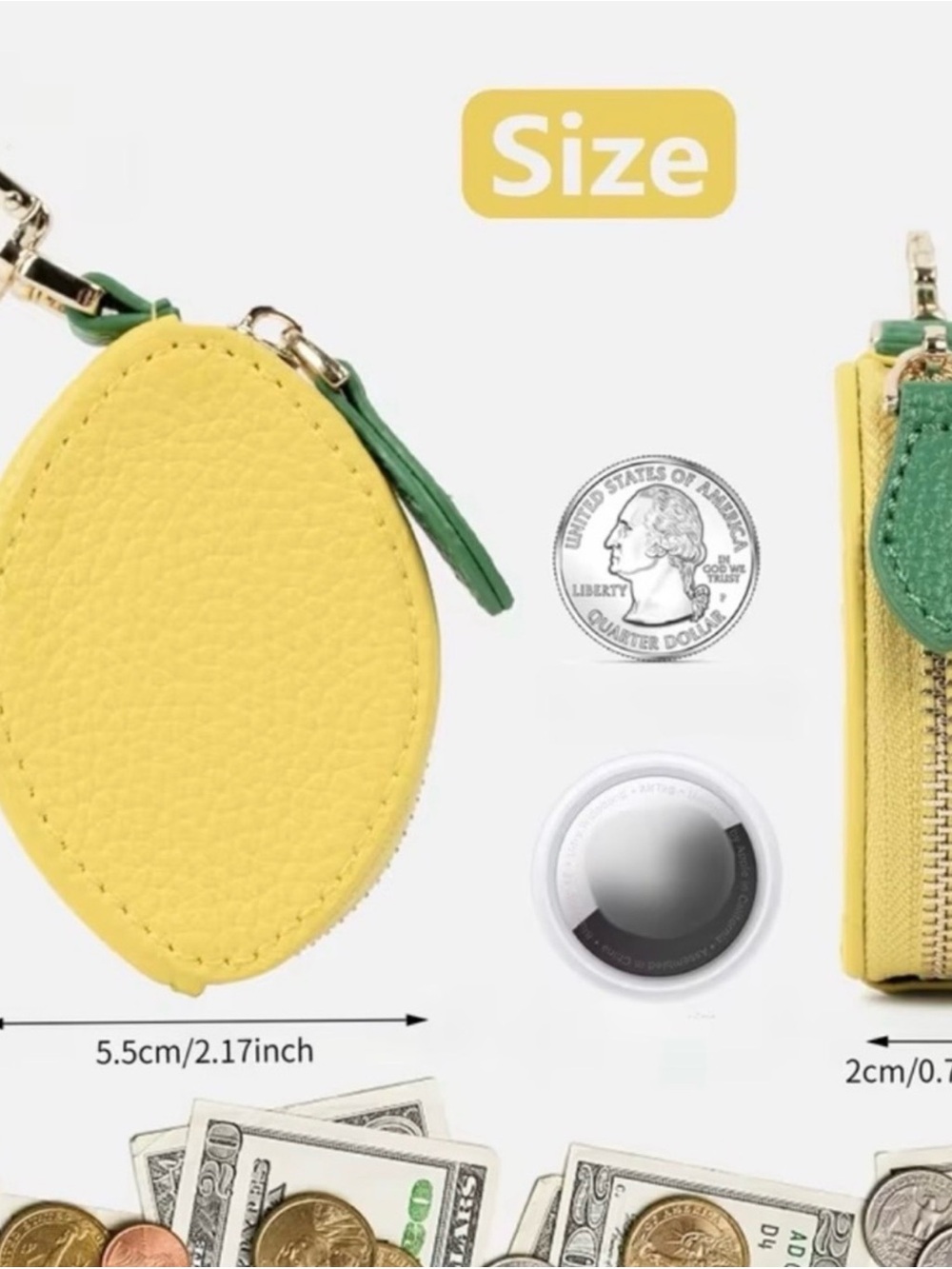 Lemon-Shaped Yellow Leather Coin Pouch with Green Zip Tab - Picture 2 of 3